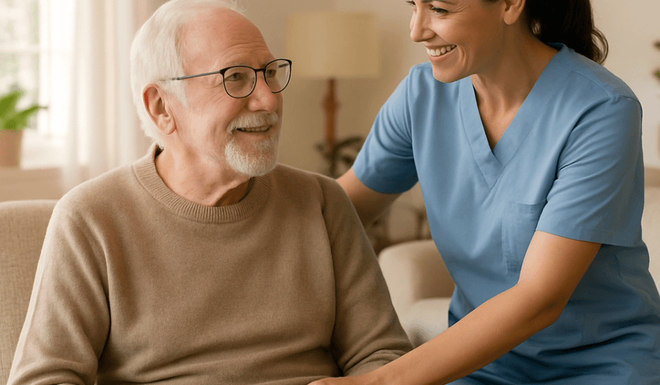 Senior man receiving in-home care through Medicaid waiver program 2026