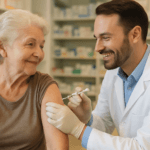 Senior woman receiving shingles vaccine at pharmacy in 2026