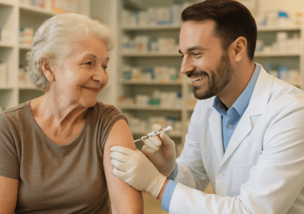 Senior woman receiving shingles vaccine at pharmacy in 2026