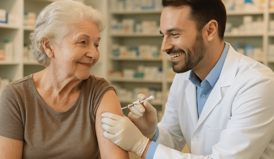 Shingles Vaccine for Seniors 2026: Get Shingrix Free with Medicare Senior woman receiving shingles vaccine at pharmacy in 2026