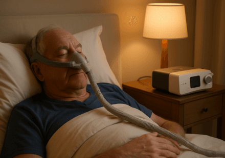 Senior man sleeping comfortably with CPAP machine for sleep apnea treatment in 2026