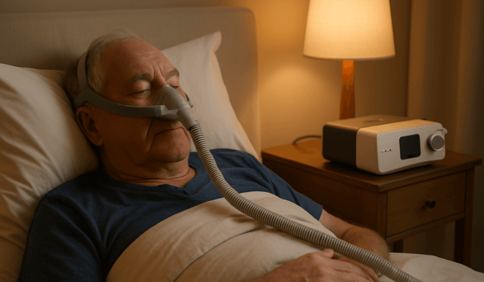 Senior man sleeping comfortably with CPAP machine for sleep apnea treatment in 2026