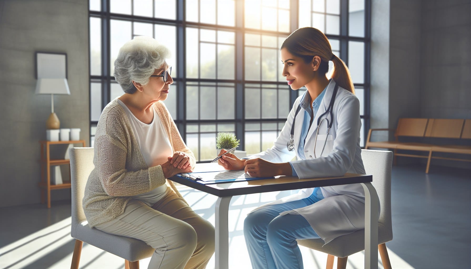 senior woman reviewing Medicare prior authorization paperwork with her doctor in 2026