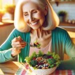 senior woman eating magnesium-rich foods including leafy greens and nuts for healthy aging