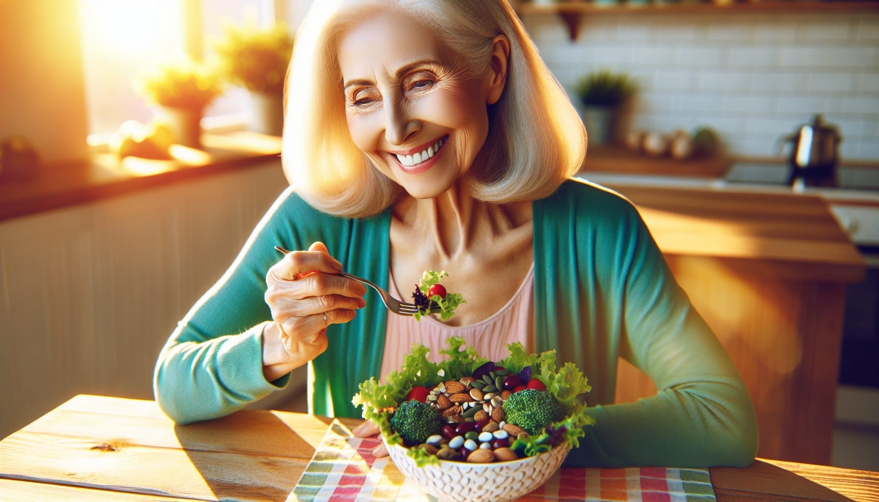 senior woman eating magnesium-rich foods including leafy greens and nuts for healthy aging
