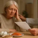 Senior woman with vitamin B12 deficiency symptoms beside B12-rich foods