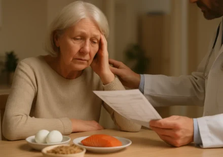 Senior woman with vitamin B12 deficiency symptoms beside B12-rich foods
