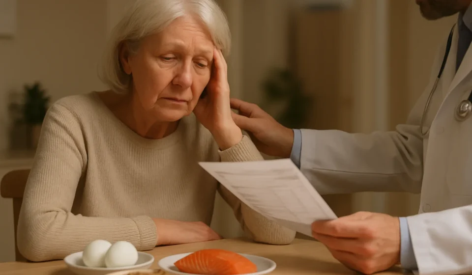Vitamin B12 Deficiency in Seniors 2026: 12 Warning Signs Doctors Must Not Miss Senior woman with vitamin B12 deficiency symptoms beside B12-rich foods