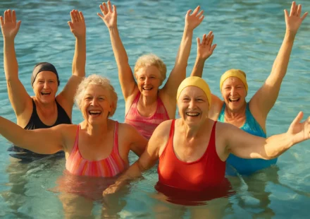 Senior women doing water aerobics aquatic exercise in pool 2026