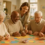 Group of cheerful seniors socializing and doing activities together at an adult day care center