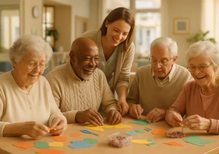 Group of cheerful seniors socializing and doing activities together at an adult day care center