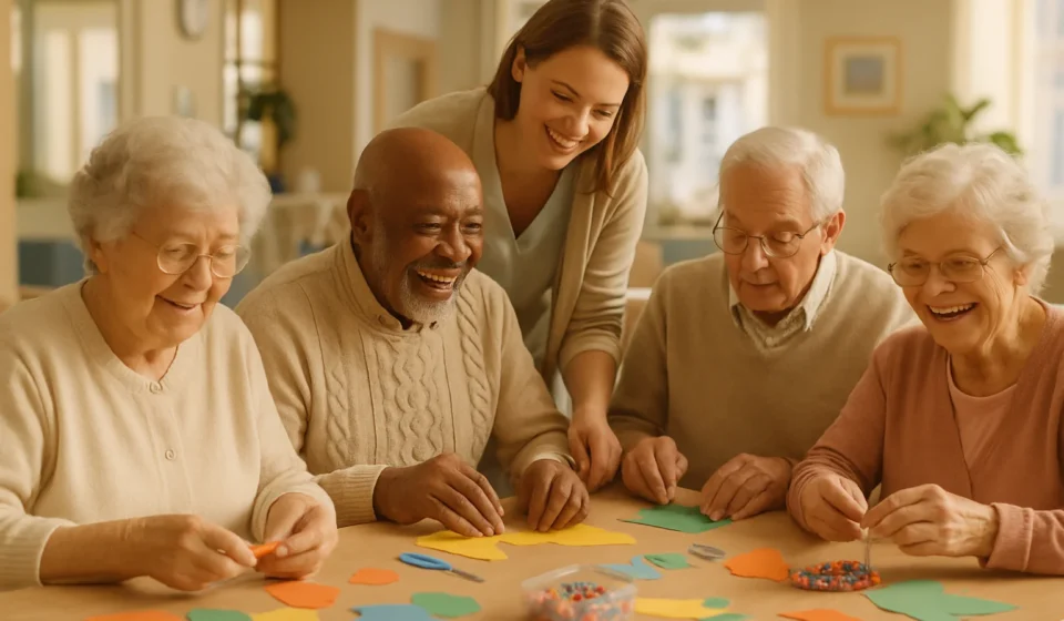 Adult Day Care for Seniors 2026: Costs & How to Pay Group of cheerful seniors socializing and doing activities together at an adult day care center