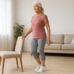 Senior woman doing standing heel raise ankle strengthening exercise holding a chair for balance