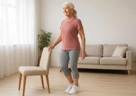 Senior woman doing standing heel raise ankle strengthening exercise holding a chair for balance