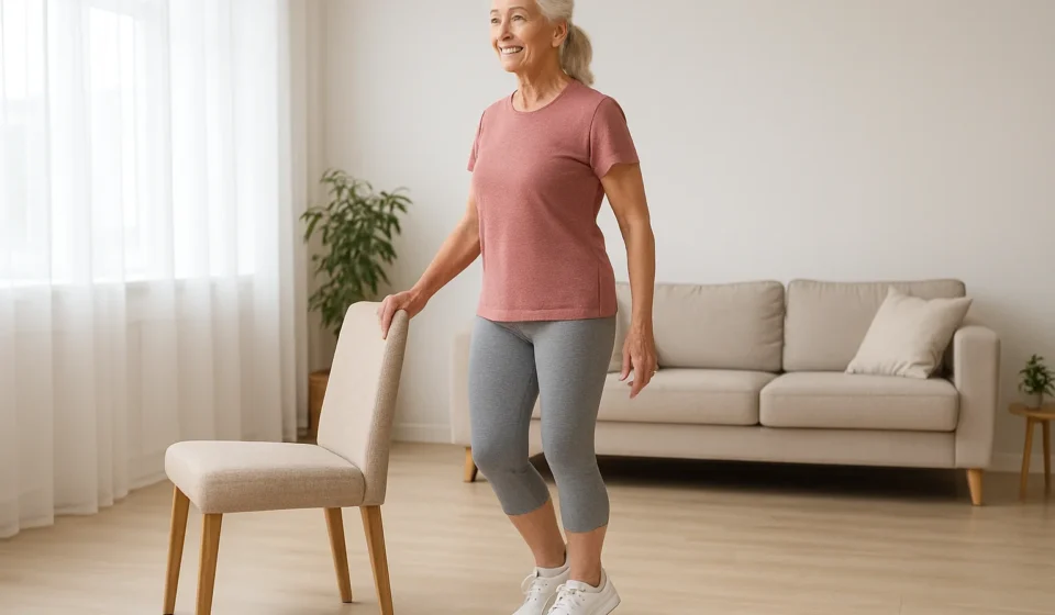Ankle Strengthening for Seniors 2026: Stop Falls Senior woman doing standing heel raise ankle strengthening exercise holding a chair for balance