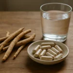 Ashwagandha supplement capsules and root beside a glass of water on a table