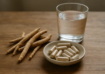 Ashwagandha supplement capsules and root beside a glass of water on a table