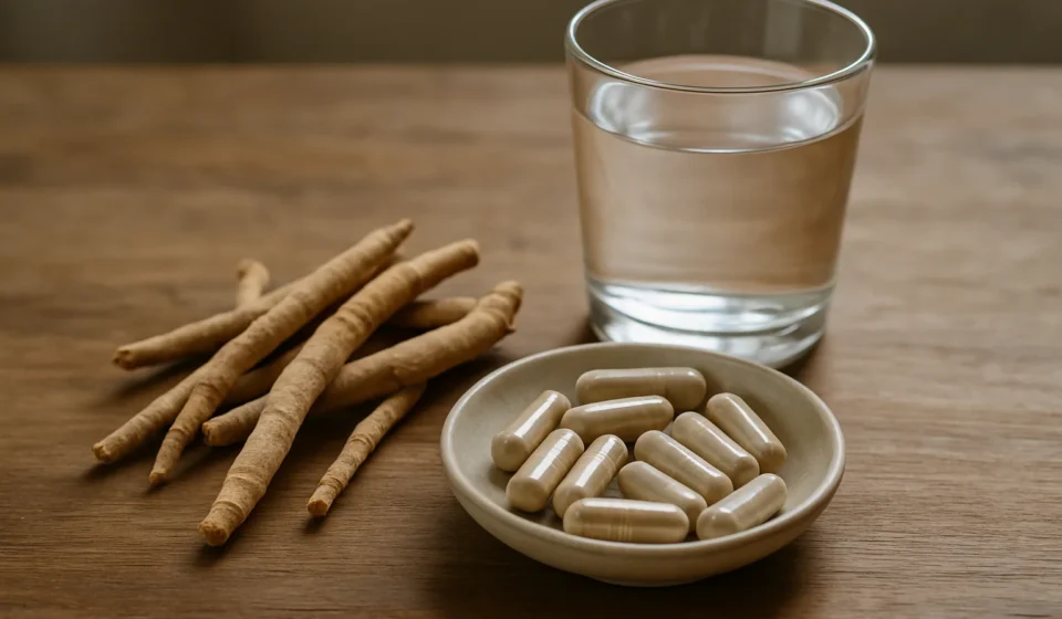 Ashwagandha supplement capsules and root beside a glass of water on a table