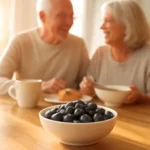 Bowl of fresh blueberries with an older couple enjoying breakfast in the background