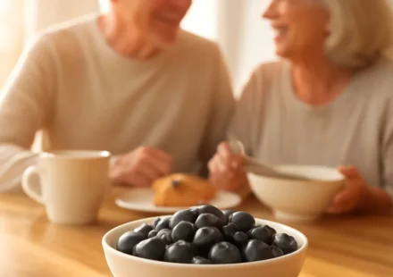 Bowl of fresh blueberries with an older couple enjoying breakfast in the background
