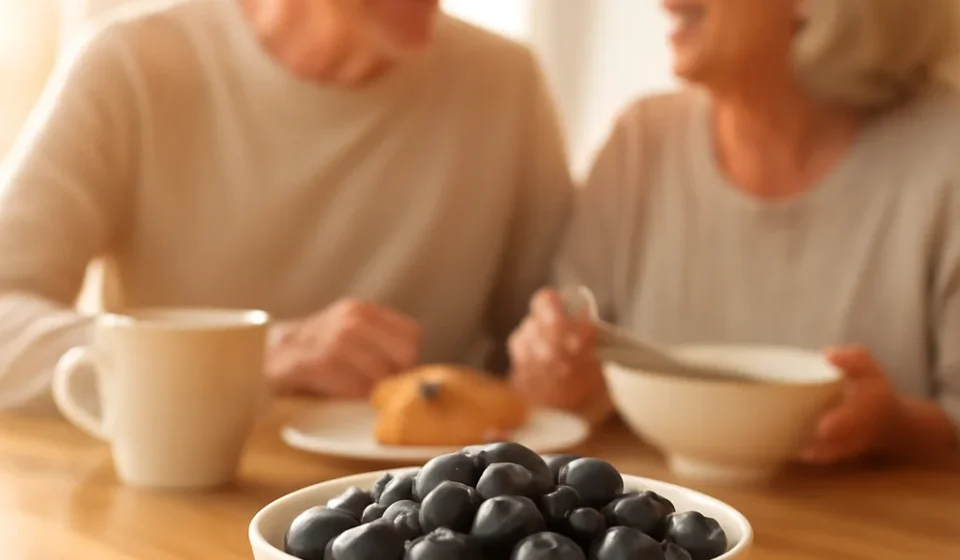 Blueberries for Seniors 2026: Brain & Heart Benefits Bowl of fresh blueberries with an older couple enjoying breakfast in the background