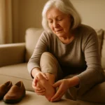 Senior woman caring for her foot and bunion at home