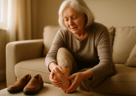 Senior woman caring for her foot and bunion at home