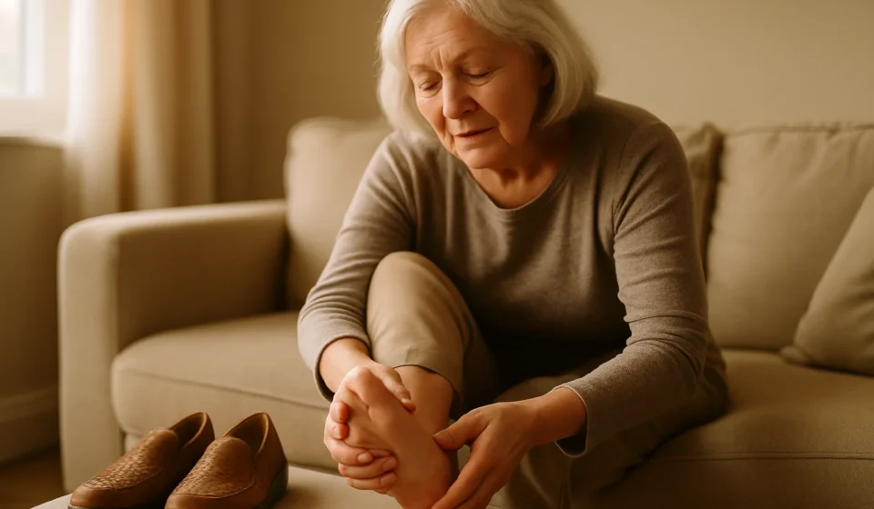 Bunions in Seniors 2026: Relief, Surgery & Foot Care Senior woman caring for her foot and bunion at home