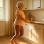 Senior woman doing calf raises while holding a kitchen counter for balance
