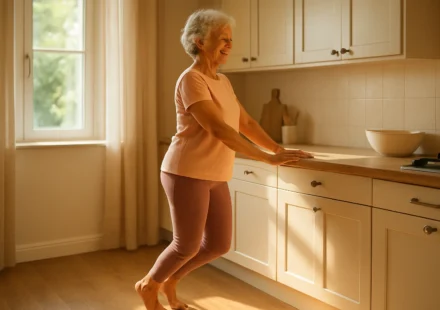 Senior woman doing calf raises while holding a kitchen counter for balance