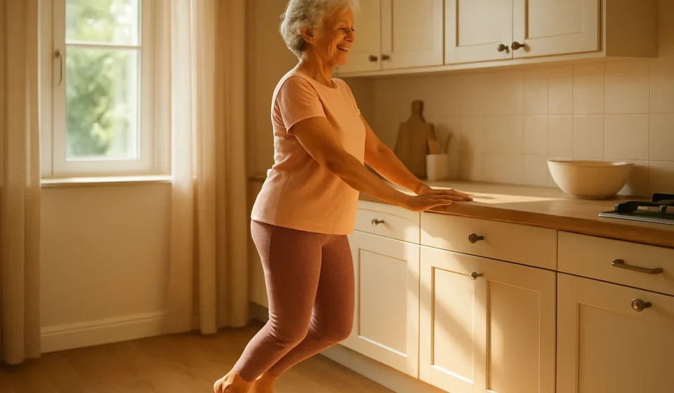 Calf Raises for Seniors 2026: Circulation & Balance Senior woman doing calf raises while holding a kitchen counter for balance