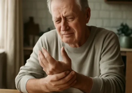 Senior man rubbing a numb, tingling wrist affected by carpal tunnel syndrome