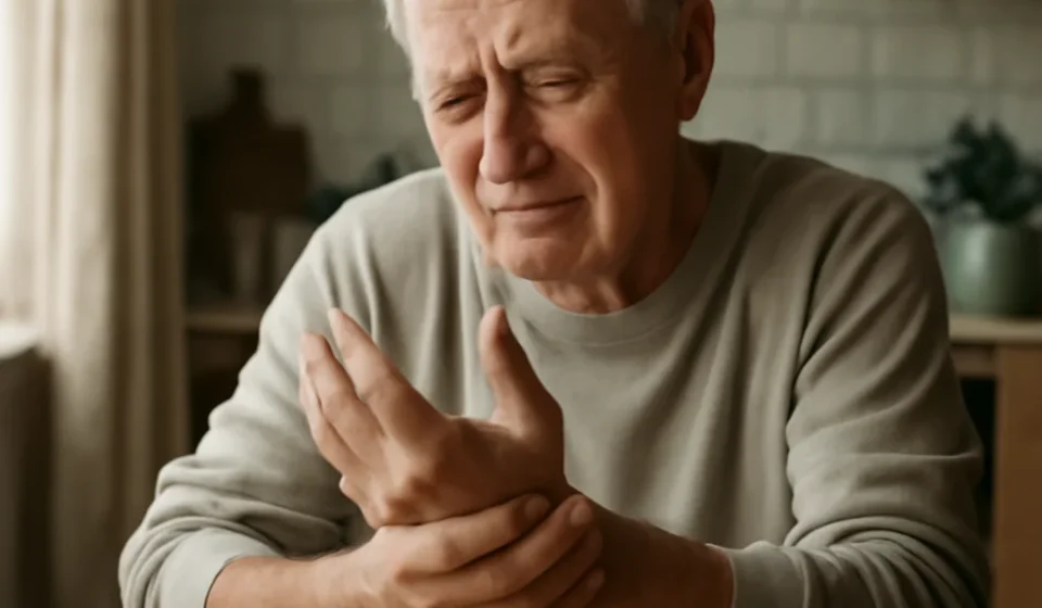 Senior man rubbing a numb, tingling wrist affected by carpal tunnel syndrome