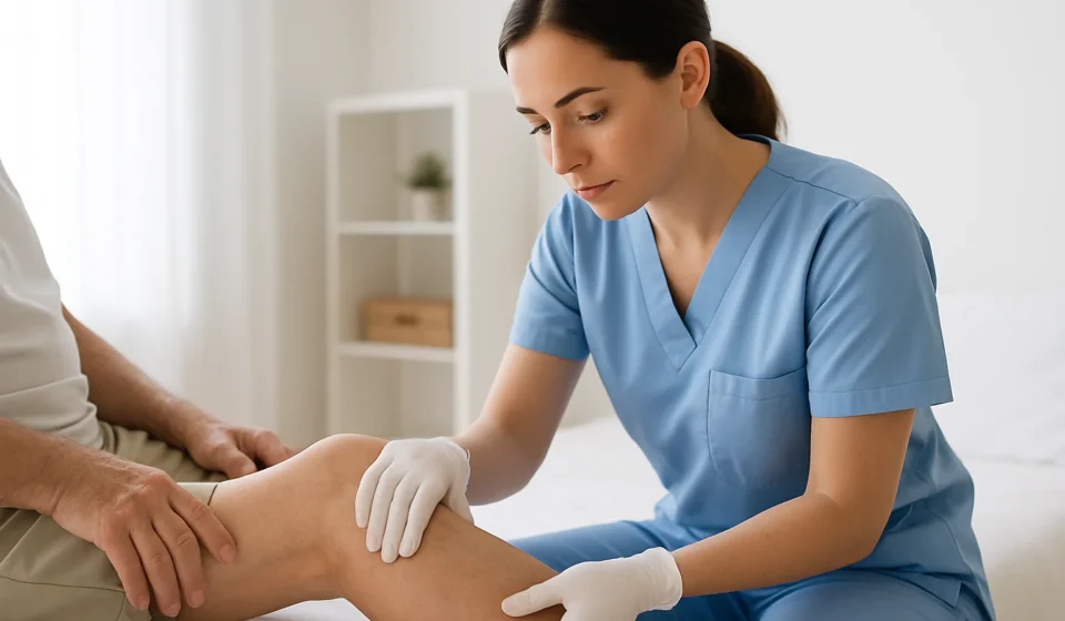 Cellulitis & Leg Ulcers in Seniors 2026: Signs & Care Nurse examining a seniors lower leg for cellulitis and ulcers