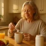 Senior woman stirring collagen peptide powder into her morning coffee
