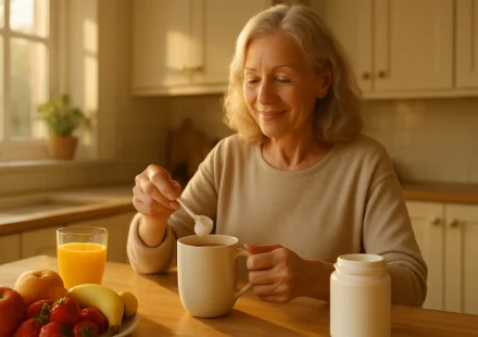 Senior woman stirring collagen peptide powder into her morning coffee