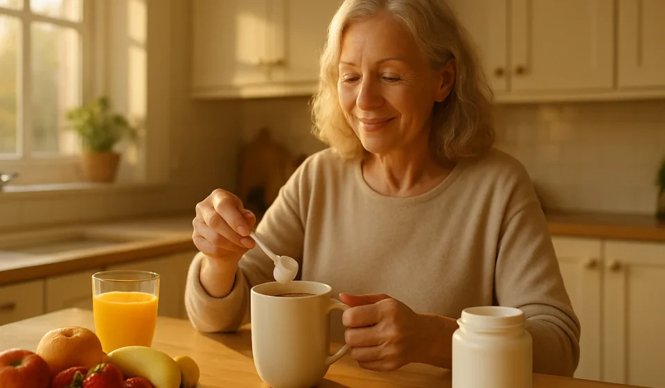 Senior woman stirring collagen peptide powder into her morning coffee
