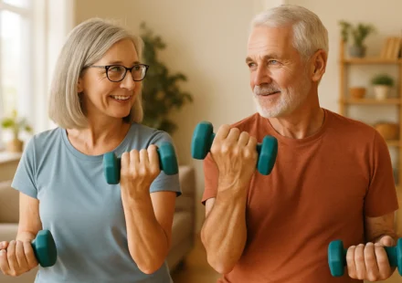 Active senior couple doing resistance training, illustrating creatine benefits for muscle in older adults