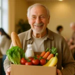 Senior receiving a CSFP free monthly food box of groceries