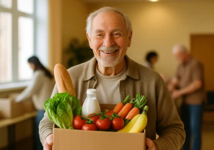Senior receiving a CSFP free monthly food box of groceries