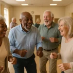 Seniors dancing together for balance brain health and fall prevention