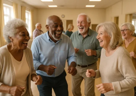 Seniors dancing together for balance brain health and fall prevention