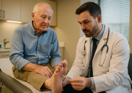 Doctor examining senior patient feet for diabetic neuropathy treatment 2026
