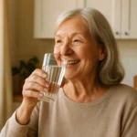 Senior woman drinking a glass of water to relieve dry mouth