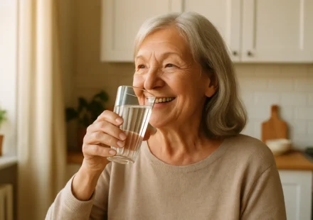Senior woman drinking a glass of water to relieve dry mouth