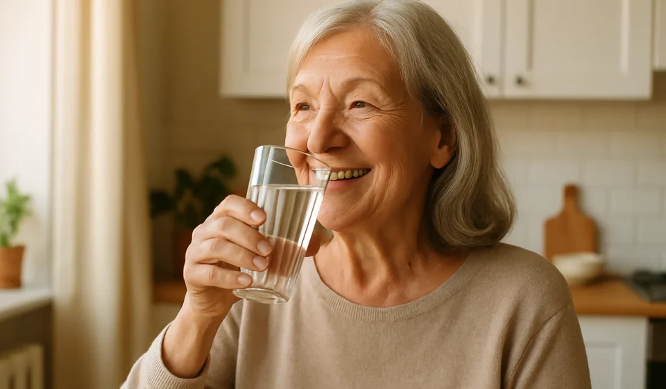 Dry Mouth in Seniors 2026: Causes, Risks & Relief Senior woman drinking a glass of water to relieve dry mouth