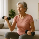 Senior woman doing a seated dumbbell exercise with light weights at home