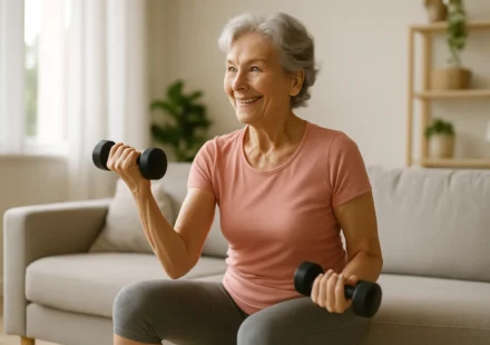 Senior woman doing a seated dumbbell exercise with light weights at home