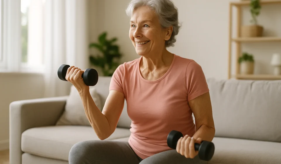Senior woman doing a seated dumbbell exercise with light weights at home