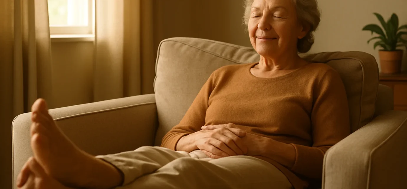 Senior woman resting with legs elevated to reduce edema and leg swelling